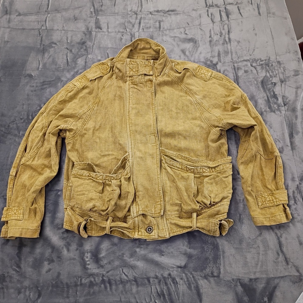 Free People Jayde Safari Military Bomber Jacket Womens M Brown Embroidered Trim